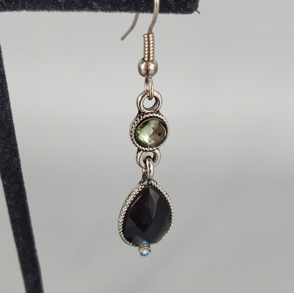 Monet Navy and Green Silvertone Dangle Drop Earrings - Picture 3 of 5